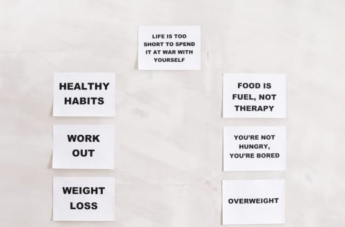 Minimalist display of motivational health and wellness quotes emphasizing healthy habits and weight management.